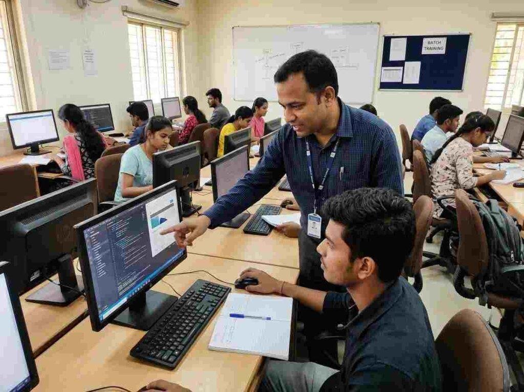 Ai generated image of one-one direct teaching with students in offline campus- Skillmodex Academy